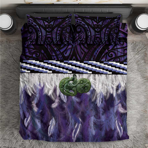Purple Traditional Cloak Aotearoa Bedding Set Maori Paua Shell Korowai Pattern