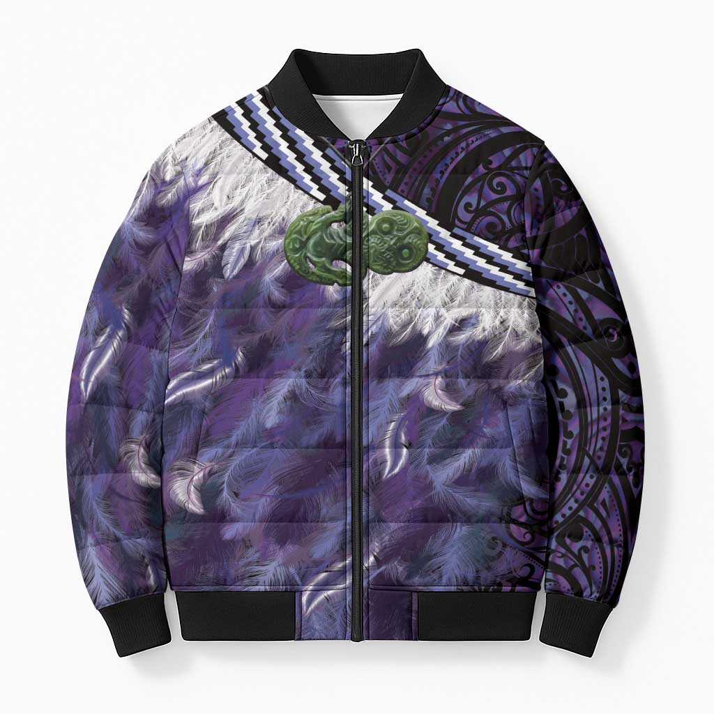 Purple Traditional Cloak Aotearoa Bomber Puffer Jacket Maori Paua Shell Korowai Pattern - Aussie Hoodie