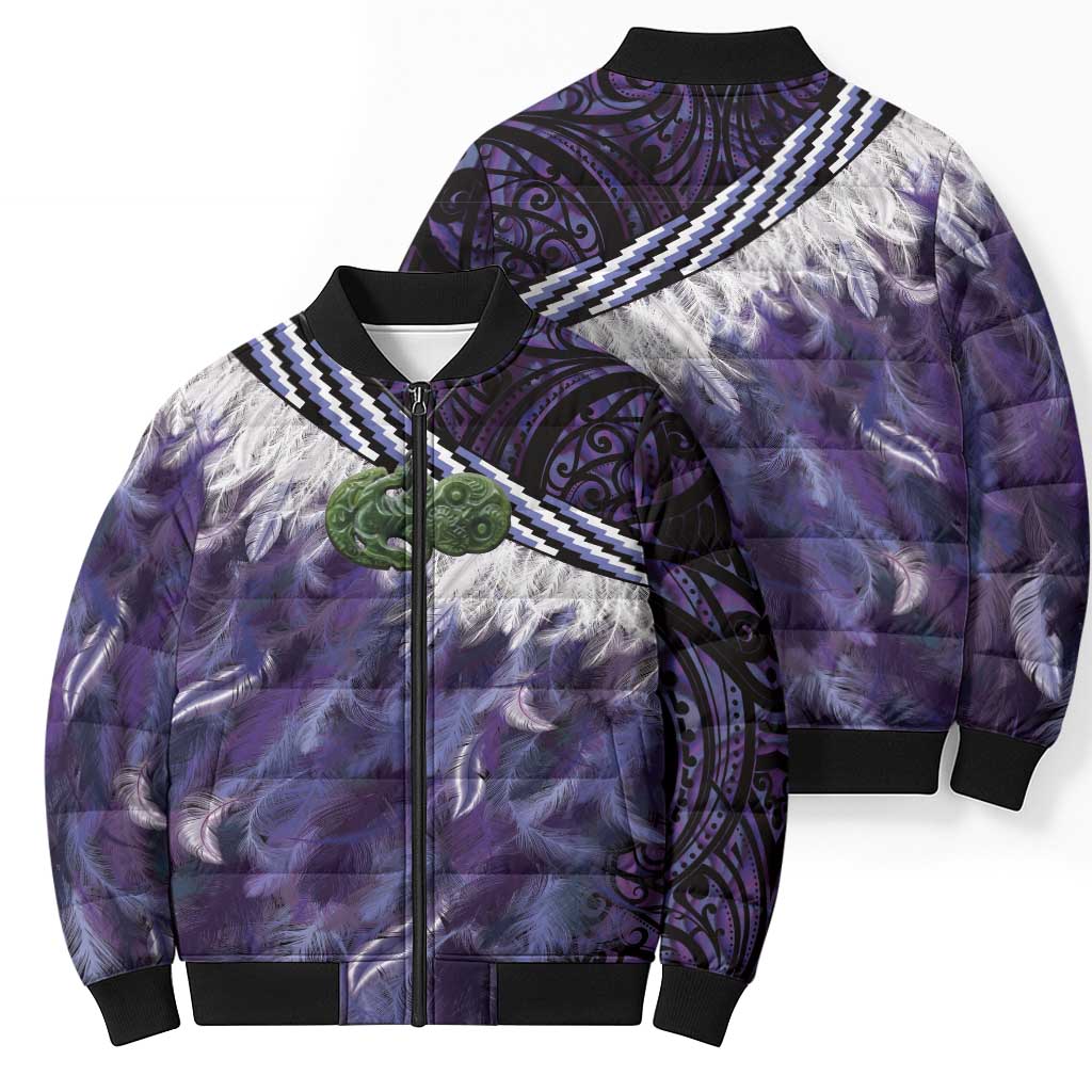 Purple Traditional Cloak Aotearoa Bomber Puffer Jacket Maori Paua Shell Korowai Pattern - Aussie Hoodie