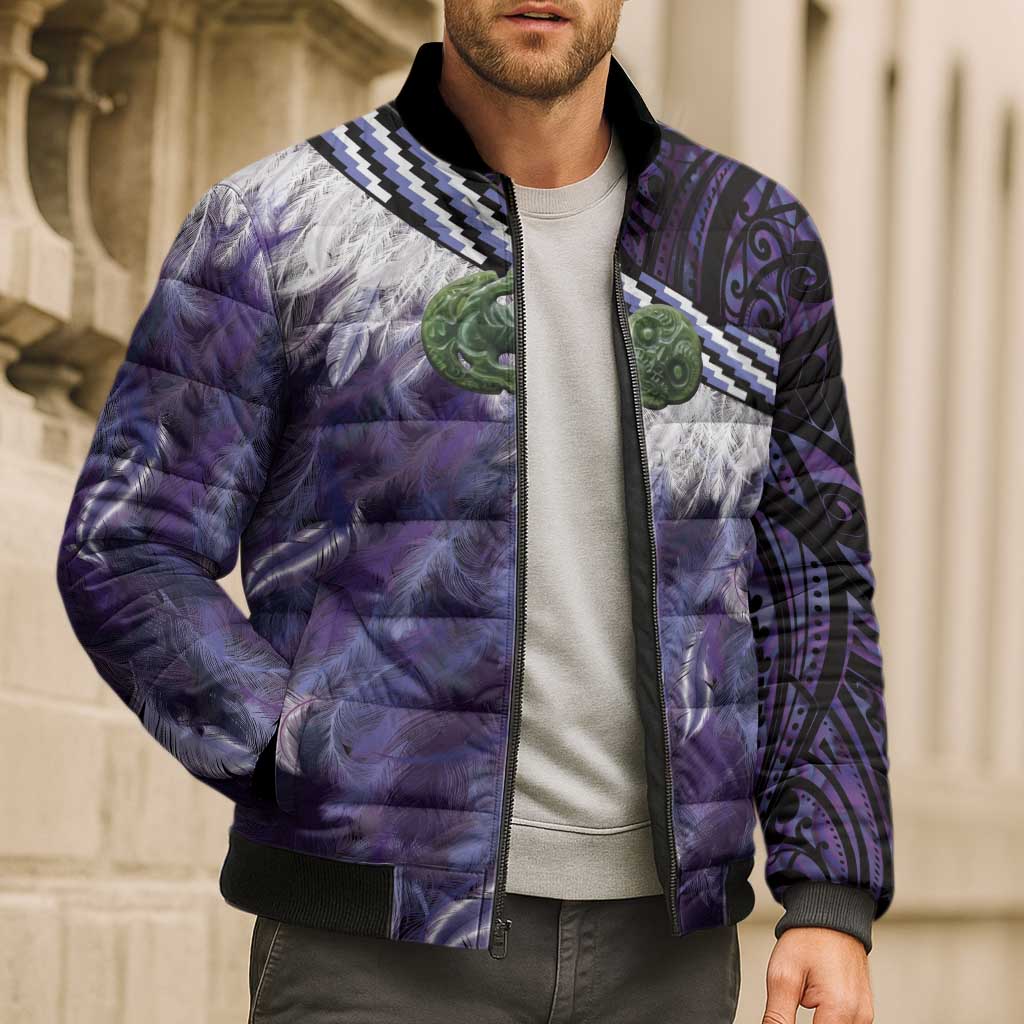Purple Traditional Cloak Aotearoa Bomber Puffer Jacket Maori Paua Shell Korowai Pattern - Aussie Hoodie