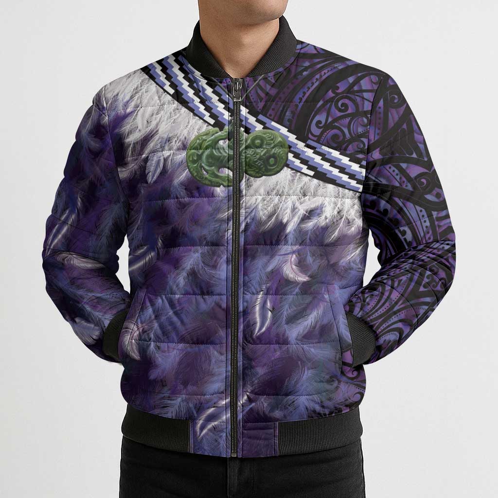 Purple Traditional Cloak Aotearoa Bomber Puffer Jacket Maori Paua Shell Korowai Pattern - Aussie Hoodie