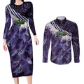 Purple Traditional Cloak Aotearoa Couples Matching Long Sleeve Bodycon Dress and Long Sleeve Button Shirt Maori Paua Shell Korowai Pattern