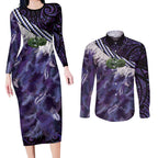 Purple Traditional Cloak Aotearoa Couples Matching Long Sleeve Bodycon Dress and Long Sleeve Button Shirt Maori Paua Shell Korowai Pattern