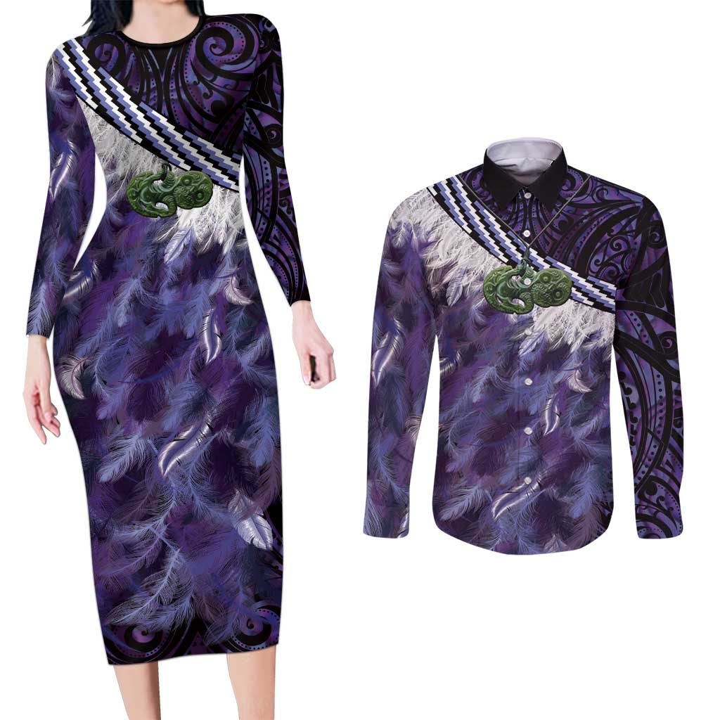 Purple Traditional Cloak Aotearoa Couples Matching Long Sleeve Bodycon Dress and Long Sleeve Button Shirt Maori Paua Shell Korowai Pattern