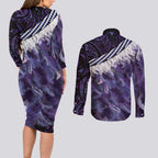 Purple Traditional Cloak Aotearoa Couples Matching Long Sleeve Bodycon Dress and Long Sleeve Button Shirt Maori Paua Shell Korowai Pattern
