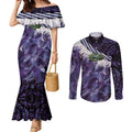 Purple Traditional Cloak Aotearoa Couples Matching Mermaid Dress and Long Sleeve Button Shirt Maori Paua Shell Korowai Pattern