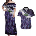 Purple Traditional Cloak Aotearoa Couples Matching Off Shoulder Maxi Dress and Hawaiian Shirt Maori Paua Shell Korowai Pattern