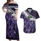 Purple Traditional Cloak Aotearoa Couples Matching Off Shoulder Maxi Dress and Hawaiian Shirt Maori Paua Shell Korowai Pattern