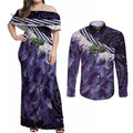Purple Traditional Cloak Aotearoa Couples Matching Off Shoulder Maxi Dress and Long Sleeve Button Shirt Maori Paua Shell Korowai Pattern