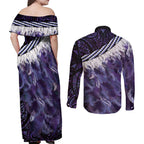 Purple Traditional Cloak Aotearoa Couples Matching Off Shoulder Maxi Dress and Long Sleeve Button Shirt Maori Paua Shell Korowai Pattern
