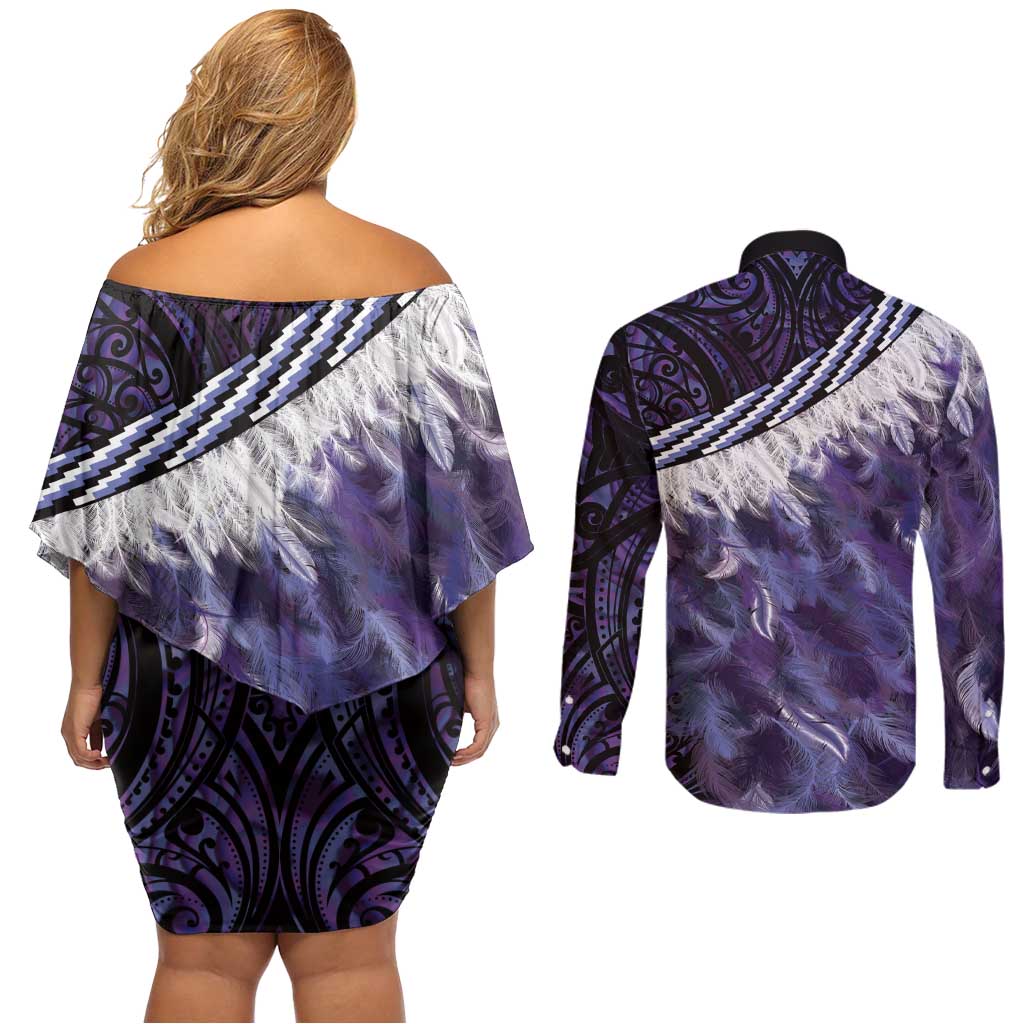 Purple Traditional Cloak Aotearoa Couples Matching Off Shoulder Short Dress and Long Sleeve Button Shirt Maori Paua Shell Korowai Pattern