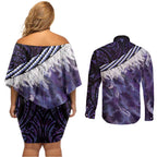Purple Traditional Cloak Aotearoa Couples Matching Off Shoulder Short Dress and Long Sleeve Button Shirt Maori Paua Shell Korowai Pattern