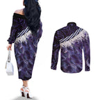 Purple Traditional Cloak Aotearoa Couples Matching Off The Shoulder Long Sleeve Dress and Long Sleeve Button Shirt Maori Paua Shell Korowai Pattern