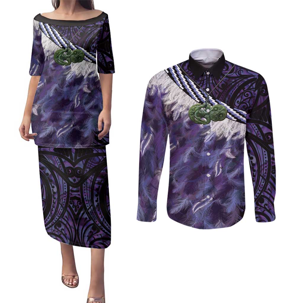 Purple Traditional Cloak Aotearoa Couples Matching Puletasi and Long Sleeve Button Shirt Maori Paua Shell Korowai Pattern