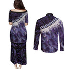 Purple Traditional Cloak Aotearoa Couples Matching Puletasi and Long Sleeve Button Shirt Maori Paua Shell Korowai Pattern