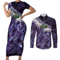 Purple Traditional Cloak Aotearoa Couples Matching Short Sleeve Bodycon Dress and Long Sleeve Button Shirt Maori Paua Shell Korowai Pattern
