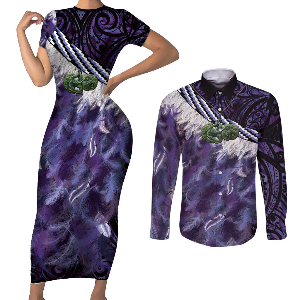Purple Traditional Cloak Aotearoa Couples Matching Short Sleeve Bodycon Dress and Long Sleeve Button Shirt Maori Paua Shell Korowai Pattern