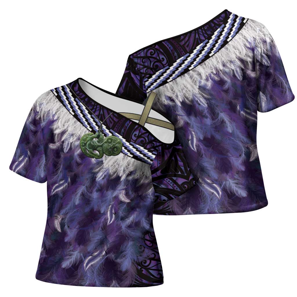 Purple Traditional Cloak Aotearoa Cross Shoulder Shirt Maori Paua Shell Korowai Pattern - Aussie Hoodie