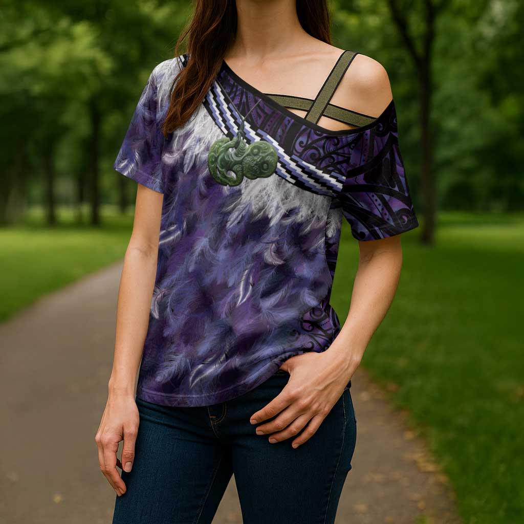 Purple Traditional Cloak Aotearoa Cross Shoulder Shirt Maori Paua Shell Korowai Pattern - Aussie Hoodie