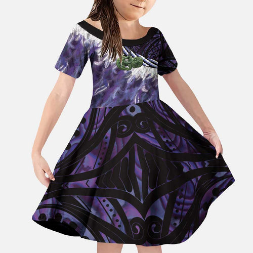 Purple Traditional Cloak Aotearoa Family Matching Long Sleeve Bodycon Dress and Hawaiian Shirt Maori Paua Shell Korowai Pattern