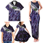 Purple Traditional Cloak Aotearoa Family Matching Tank Maxi Dress and Hawaiian Shirt Maori Paua Shell Korowai Pattern