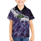 Purple Traditional Cloak Aotearoa Kid Hawaiian Shirt Maori Paua Shell Korowai Pattern
