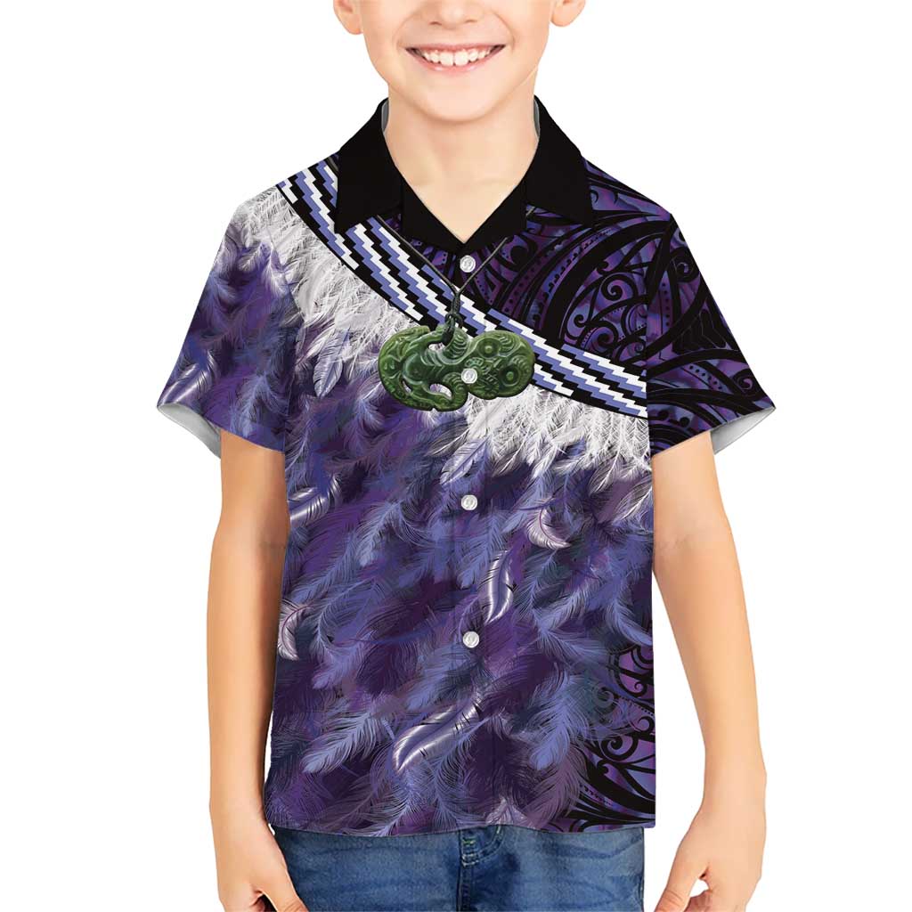 Purple Traditional Cloak Aotearoa Kid Hawaiian Shirt Maori Paua Shell Korowai Pattern