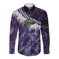 Purple Traditional Cloak Aotearoa Long Sleeve Button Shirt Maori Paua Shell Korowai Pattern