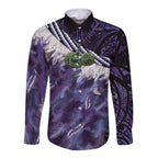 Purple Traditional Cloak Aotearoa Long Sleeve Button Shirt Maori Paua Shell Korowai Pattern