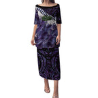 Purple Traditional Cloak Aotearoa Puletasi Maori Paua Shell Korowai Pattern