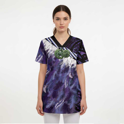 Purple Traditional Cloak Aotearoa Scrub Top Maori Paua Shell Korowai Pattern - Aussie Hoodie