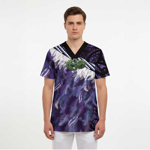 Purple Traditional Cloak Aotearoa Scrub Top Maori Paua Shell Korowai Pattern - Aussie Hoodie