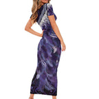 Purple Traditional Cloak Aotearoa Short Sleeve Bodycon Dress Maori Paua Shell Korowai Pattern