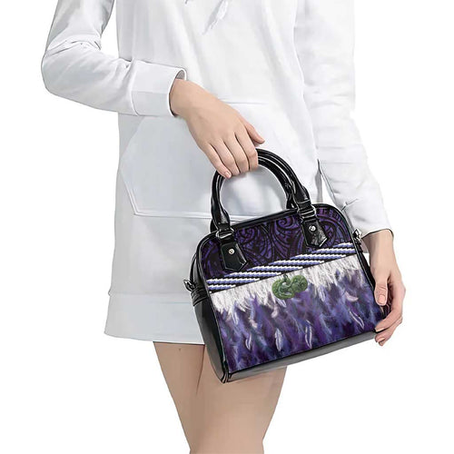 Purple Traditional Cloak Aotearoa Shoulder Handbag Maori Paua Shell Korowai Pattern