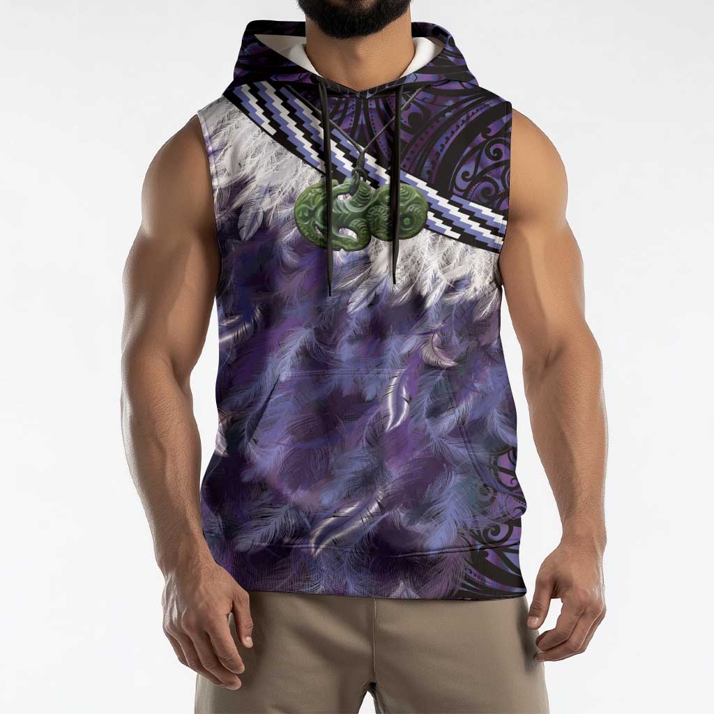Purple Traditional Cloak Aotearoa Sleeveless Hoodie Maori Paua Shell Korowai Pattern - Aussie Hoodie