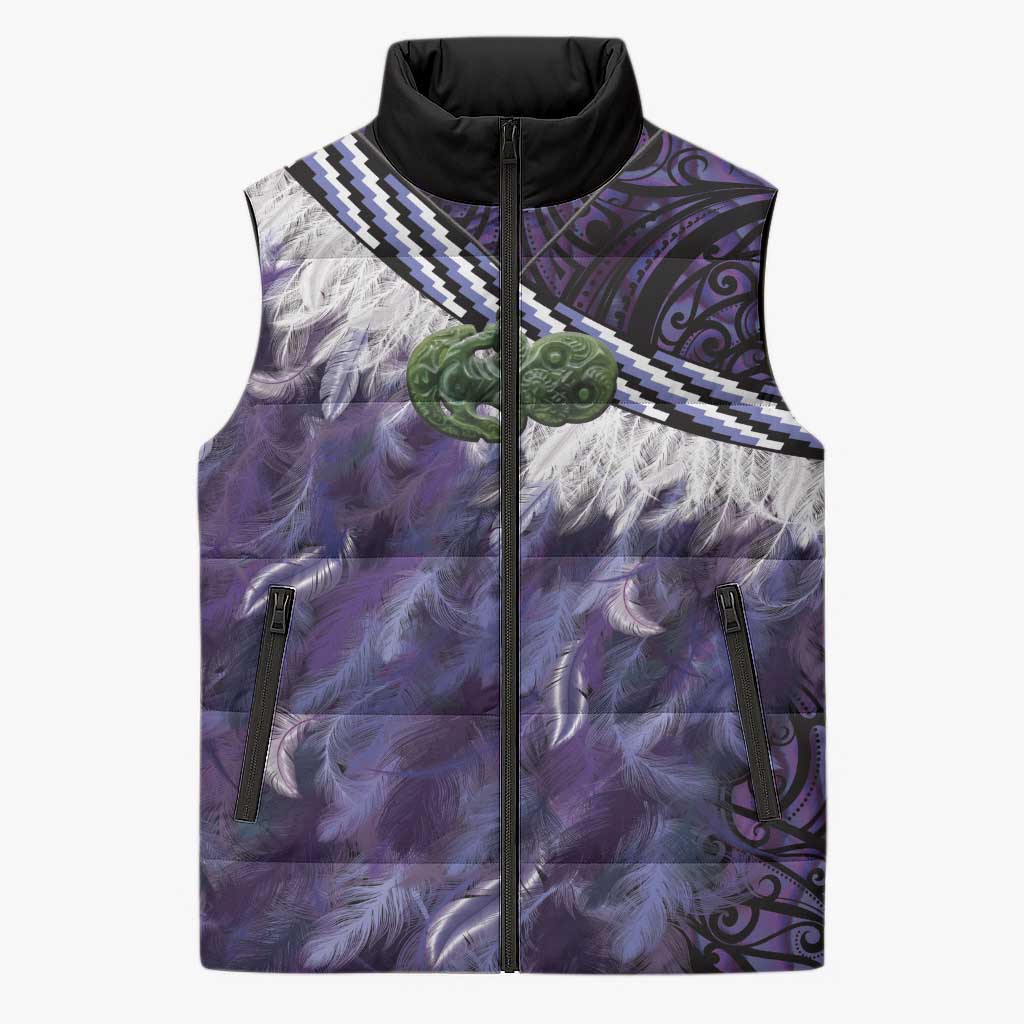 Purple Traditional Cloak Aotearoa Sleeveless Puffer Jacket Maori Paua Shell Korowai Pattern - Aussie Hoodie