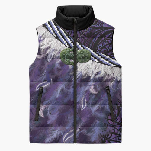 Purple Traditional Cloak Aotearoa Sleeveless Puffer Jacket Maori Paua Shell Korowai Pattern - Aussie Hoodie