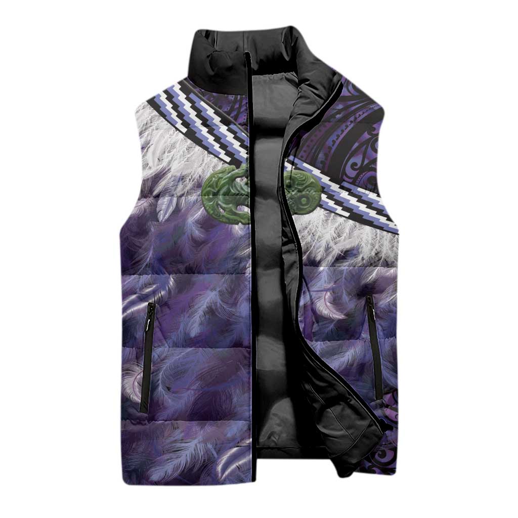 Purple Traditional Cloak Aotearoa Sleeveless Puffer Jacket Maori Paua Shell Korowai Pattern - Aussie Hoodie