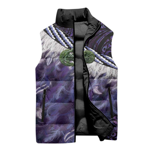 Purple Traditional Cloak Aotearoa Sleeveless Puffer Jacket Maori Paua Shell Korowai Pattern - Aussie Hoodie