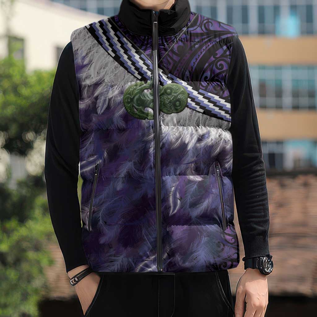 Purple Traditional Cloak Aotearoa Sleeveless Puffer Jacket Maori Paua Shell Korowai Pattern - Aussie Hoodie