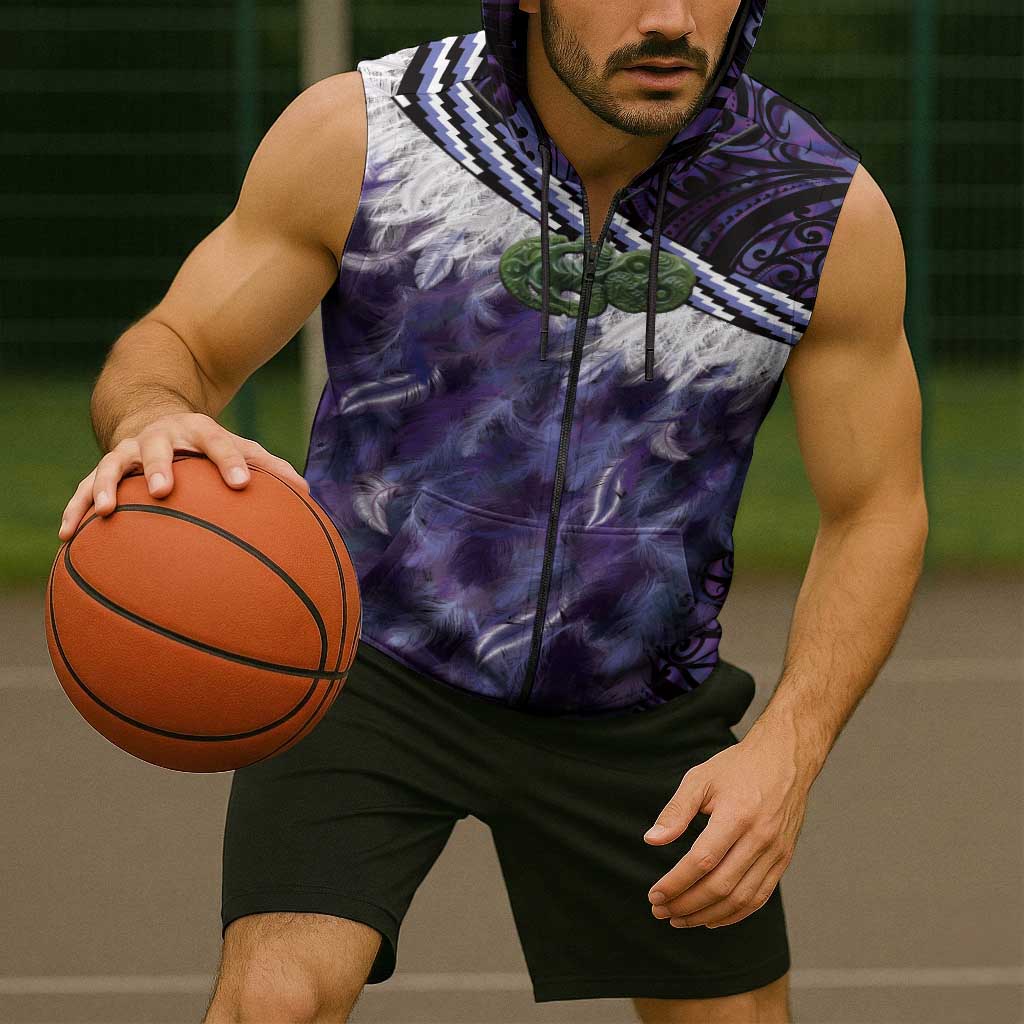 Purple Traditional Cloak Aotearoa Sleeveless Zip Hoodie Maori Paua Shell Korowai Pattern LT14