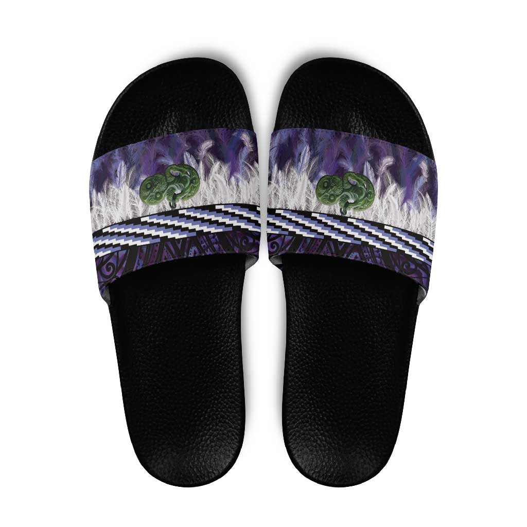 Purple Traditional Cloak Aotearoa Slide Sandals Maori Paua Shell Korowai Pattern - Aussie Hoodie