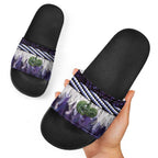 Purple Traditional Cloak Aotearoa Slide Sandals Maori Paua Shell Korowai Pattern - Aussie Hoodie