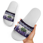 Purple Traditional Cloak Aotearoa Slide Sandals Maori Paua Shell Korowai Pattern - Aussie Hoodie