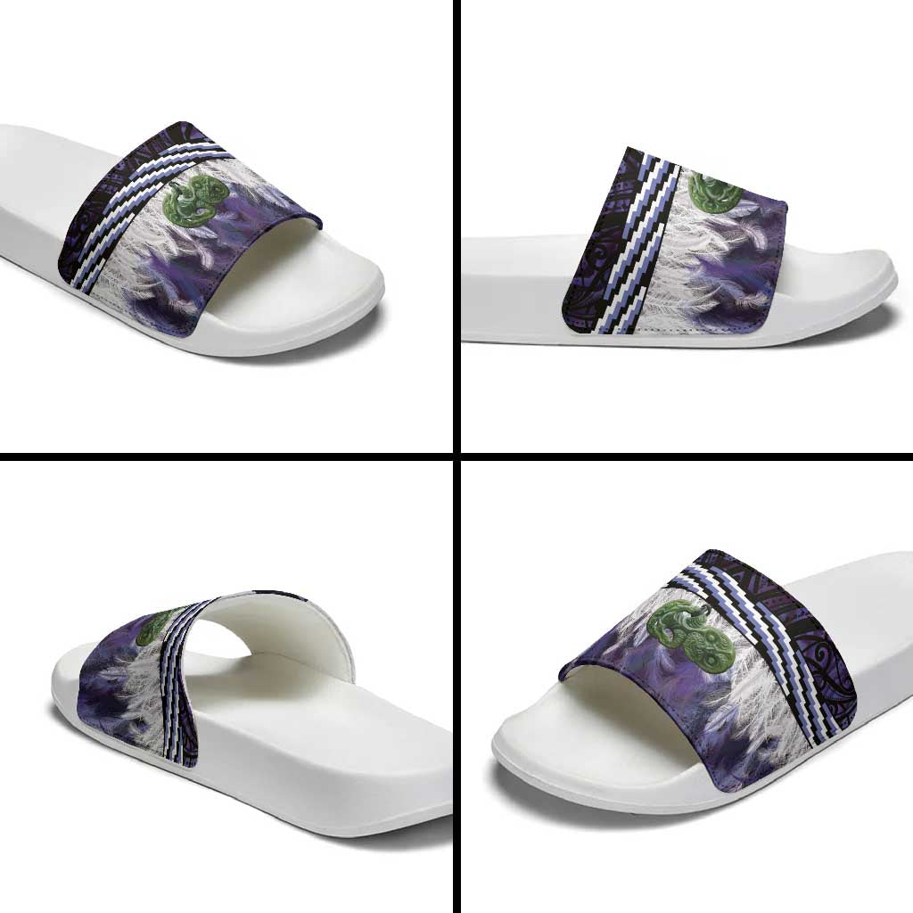 Purple Traditional Cloak Aotearoa Slide Sandals Maori Paua Shell Korowai Pattern - Aussie Hoodie