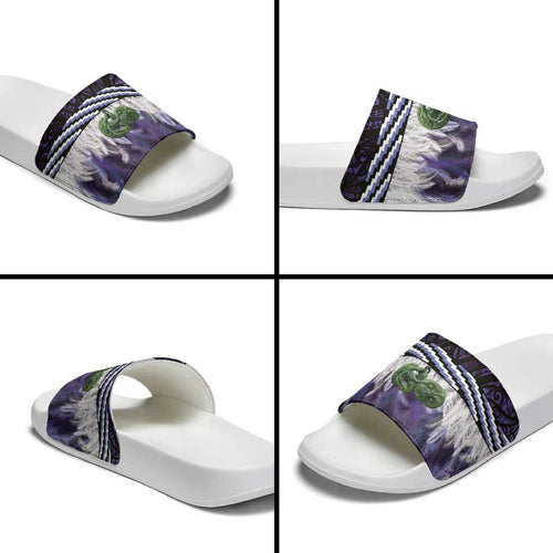 Purple Traditional Cloak Aotearoa Slide Sandals Maori Paua Shell Korowai Pattern - Aussie Hoodie