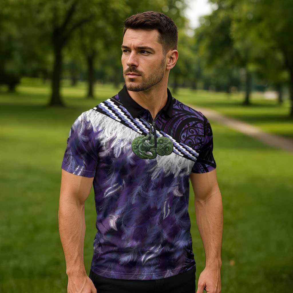 Purple Traditional Cloak Aotearoa Zipper Polo Shirt Maori Paua Shell Korowai Pattern - Aussie Hoodie