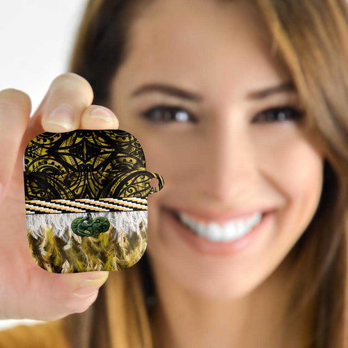 Yellow Traditional Cloak Aotearoa AirPods Case Maori Paua Shell Korowai Pattern - Aussie Hoodie