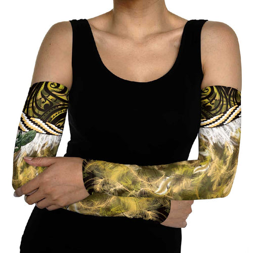 Yellow Traditional Cloak Aotearoa Arm Sleeves Maori Paua Shell Korowai Pattern - Aussie Hoodie