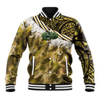 Yellow Traditional Cloak Aotearoa Baseball Jacket Maori Paua Shell Korowai Pattern